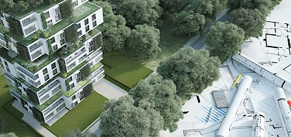 Darstellung eines nachhaltigen Gebäudes und Baupläne