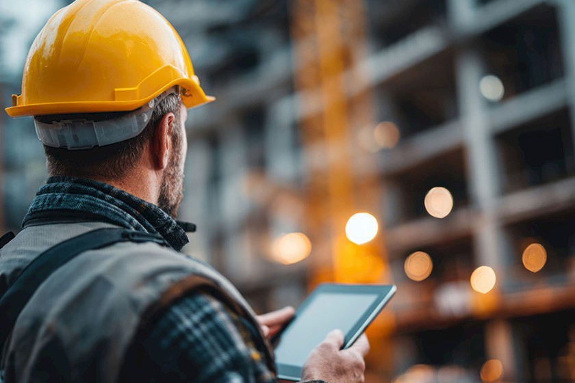 Person mit Helm und Tablet in der Hand schaut auf eine Baustelle